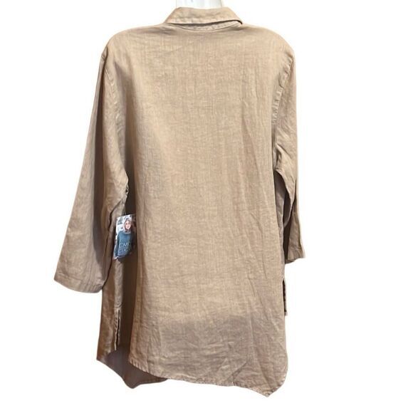 CMC womens top Sz XL 100% linen asymmetrical slit hem tan shell button front NWT - Picture 2 of 9